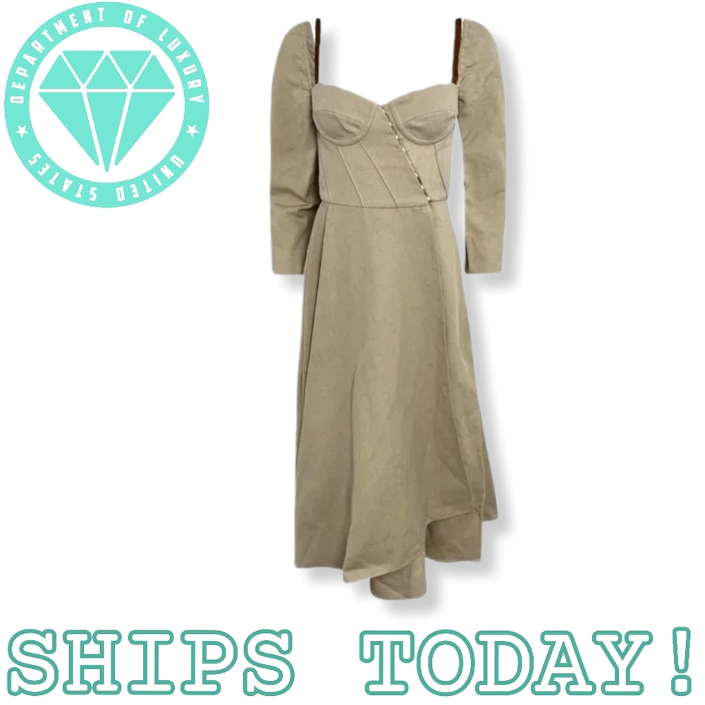 BROCK COLLECTION Devin Corset Dress in Tan Brown Shoulder Ties Emily Ratajkowski
